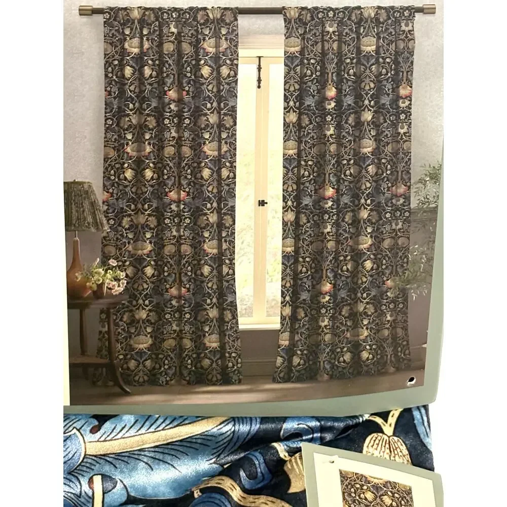 William Morris & Co. Window Curtains Panels Lodden Navy Blue Clay 37X84” Velvet